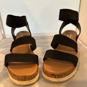 Steve Madden black elastic bands, cork wedges